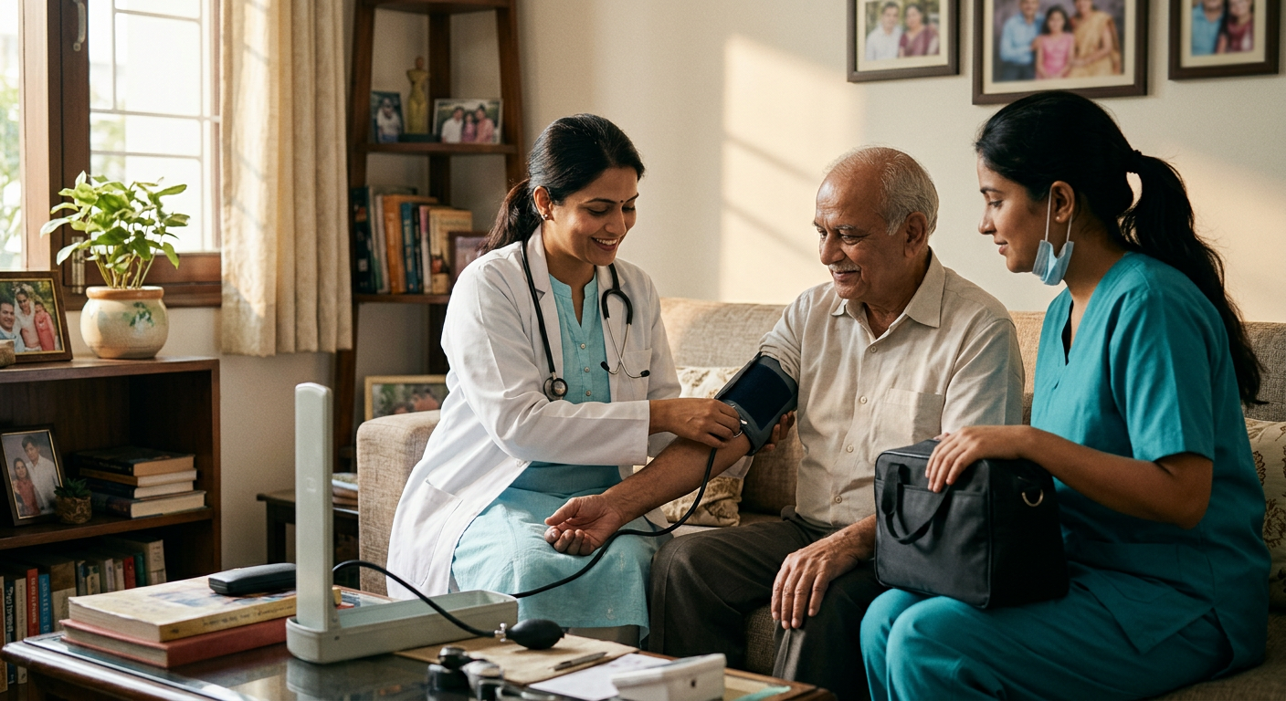A doctor checking an elderly patient's blood pressure at home while an assistant stands by