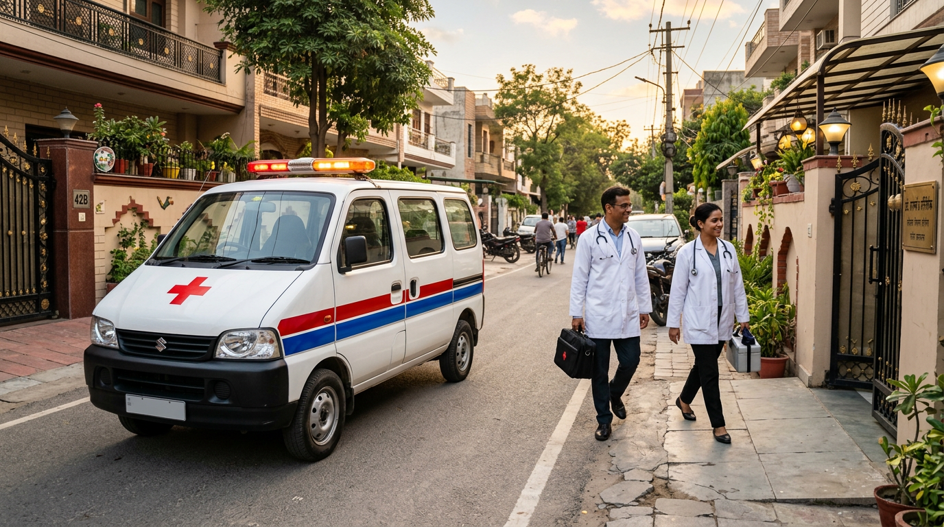 HomeCareDoc medical Eeco car with siren parked outside a home as two doctors walk to the door